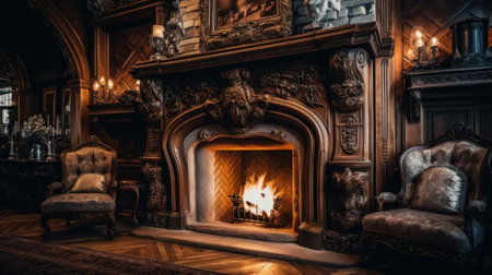 Luxurious house with a cozy fireplace. Generative AIの素材