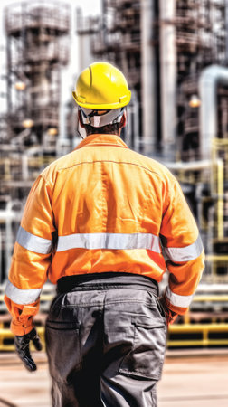 Worker stands and observes an oil refinery in a protective jacket and helmet. security concept. Generative AIの素材
