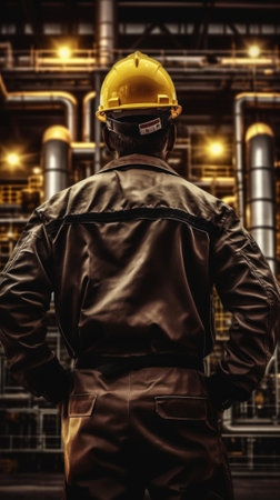 Worker stands and observes an oil refinery in a protective jacket and helmet. security concept. Generative AIの素材