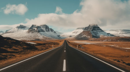 Landscapes of Iceland. The road leading to the mountains. Generative AIの素材