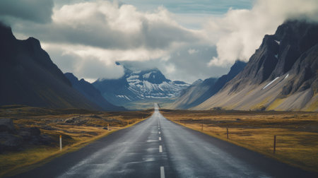 Landscapes of Iceland. The road leading to the mountains. Generative AIの素材