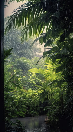 Peaceful and calm rainy day, calm and soothing atmosphere. Generative AIの素材