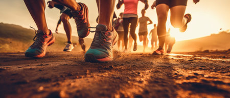 Close-up of a group of runners running at sunrise. Generative AIの素材