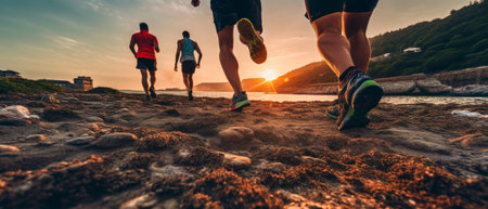 Close-up of a group of runners running at sunrise. Generative AIの素材