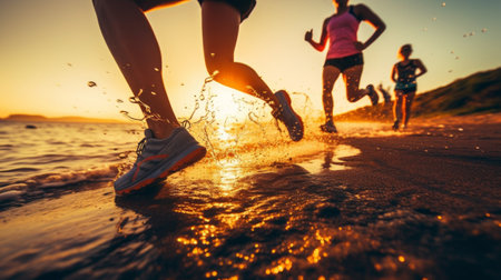 Close-up of a group of runners running at sunrise. Generative AIの素材