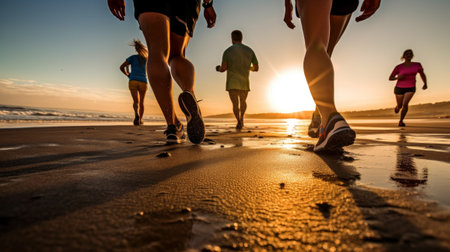 Close-up of a group of runners running at sunrise. Generative AIの素材
