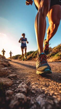 Close-up of a group of runners running at sunrise. Generative AIの素材