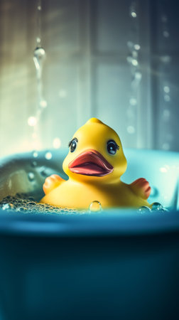 Cute duck swims in the bath, the concept of joy and playfulness. Generative AIの素材
