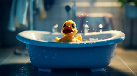 Cute duck swims in the bath, the concept of joy and playfulness. Generative AIの素材
