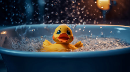 Cute duck swims in the bath, the concept of joy and playfulness. Generative AIの素材