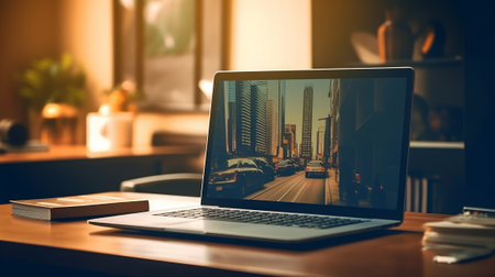Mockup of office desk with laptop, blank black laptop screen. Demonstration of website designs, presentations or templates. Generative AIの素材
