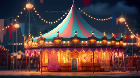 Colorful circus tent with lights and lamps. Generative AIの素材