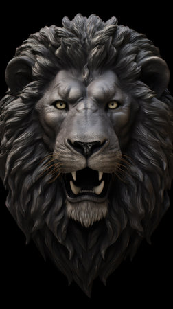 Head of a lion on a black background. Concept of strength and power. Generative AIの素材