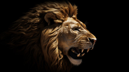 Head of a lion on a black background. Concept of strength and power. Generative AIの素材