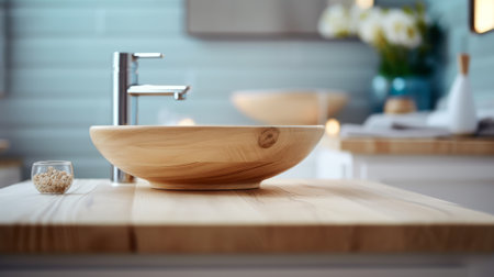Wooden table top with blurred bathroom background. Generative AIの素材
