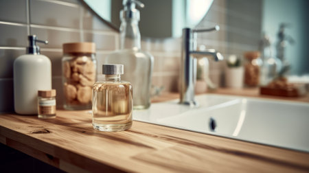 Wooden table top with blurred bathroom background. Generative AIの素材