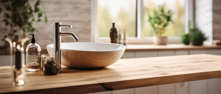 Wooden table top with blurred bathroom background. Generative AIの素材