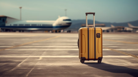 A suitcase on a runway with a blurred airplane in the background. Travel and business concept. Generative AIの素材