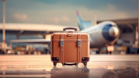 A suitcase on a runway with a blurred airplane in the background. Travel and business concept. Generative AIの素材