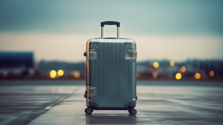 A suitcase on a runway with a blurred airplane in the background. Travel and business concept. Generative AIの素材