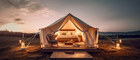 Minimalist glamping concept with luxurious and glamorous camping. Generative AIの素材