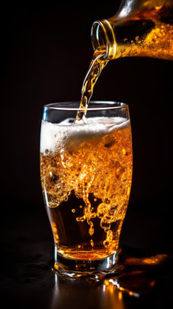 Beer is elegantly poured into a large glass against a dark background. Generative AIの素材