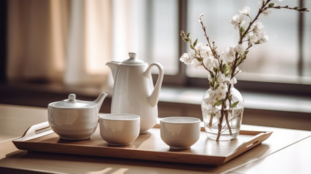 White teaware on a tray. Concept of minimalism. Generative AIの素材