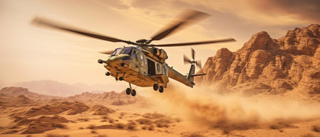Military helicopter flies over a desert landscape. Generative AIの素材