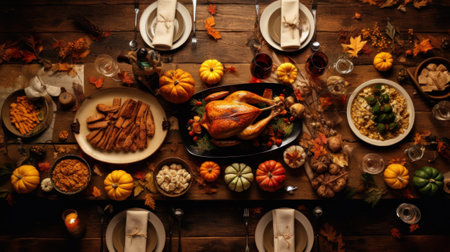 Thanksgiving dinner background with delicious turkey and appetizing dishes. Generative AIの素材
