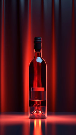 Floating bottle of wine. Clean design mockup with bright red background. Generative AIの素材