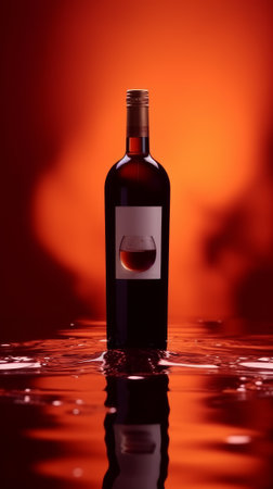 Floating bottle of wine. Clean design mockup with bright red background. Generative AIの素材