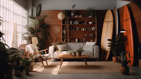 Interior of a bright living room with a surfboard. Generative AIの素材