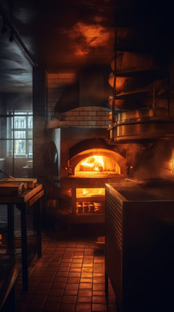Professional pizzeria kitchen with a large oven. Generative AIの素材