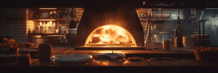 Professional pizzeria kitchen with a large oven. Generative AIの素材