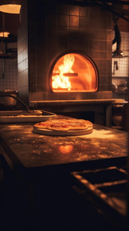 Professional pizzeria kitchen with a large oven. Generative AIの素材