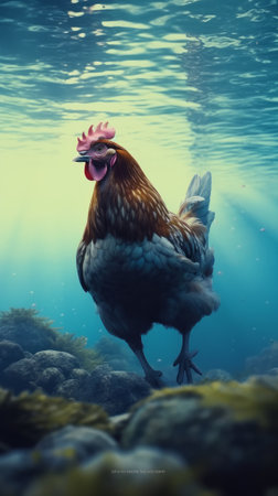 Chicken swims gracefully underwater. Generative AIの素材
