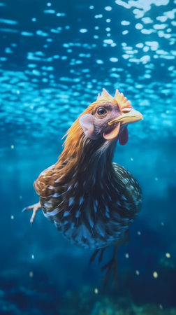 Chicken swims gracefully underwater. Generative AIの素材