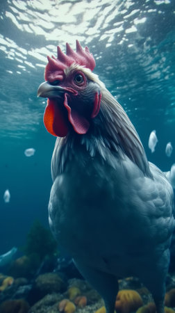 Chicken swims gracefully underwater. Generative AIの素材