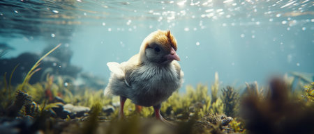 Chicken swims gracefully underwater. Generative AIの素材