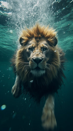 Lion swim gracefully underwater. Generative AIの素材