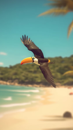 Toucan flies over the beach. Tropical beauty and bright colors. Generative AIの素材