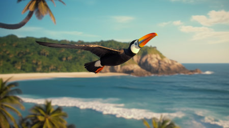 Toucan flies over the beach. Tropical beauty and bright colors. Generative AIの素材