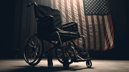 Wheelchair and an American flag in the background. concept of patriotism. Generative AIの素材