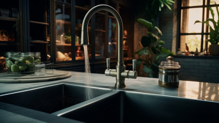 Faucet in a modern kitchen. Elegant and modern design. Generative AIの素材