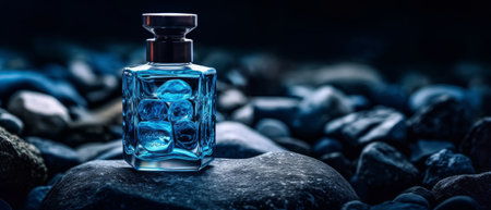 Glass bottle of blue perfume on black stone surface. Generative AIの素材