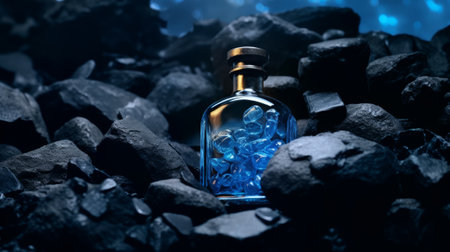 Glass bottle of blue perfume on black stone surface. Generative AIの素材