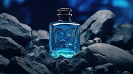 Glass bottle of blue perfume on black stone surface. Generative AIの素材