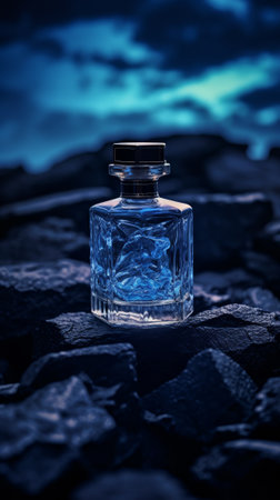 Glass bottle of blue perfume on black stone surface. Generative AIの素材