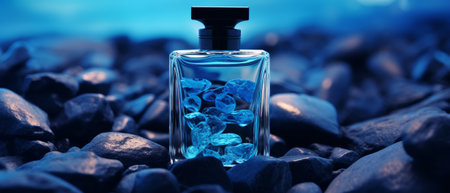 Glass bottle of blue perfume on black stone surface. Generative AIの素材