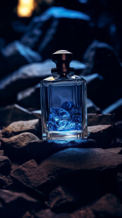 Glass bottle of blue perfume on black stone surface. Generative AIの素材